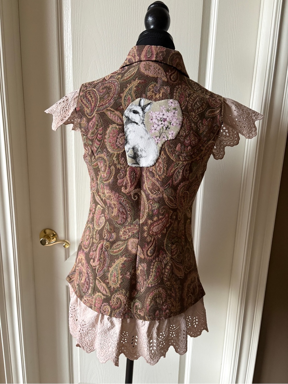 Upcycled Paisley Rabbit Lace-Trim Vest